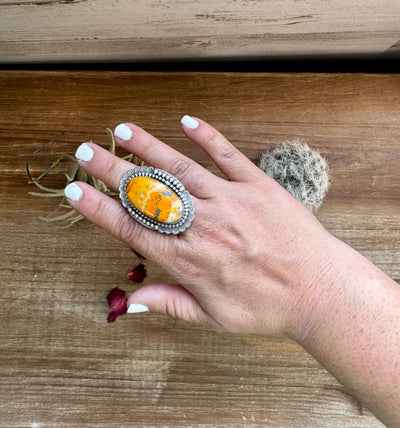 Big oval Ring - adjustable- sterling silver with bumblebee jasper