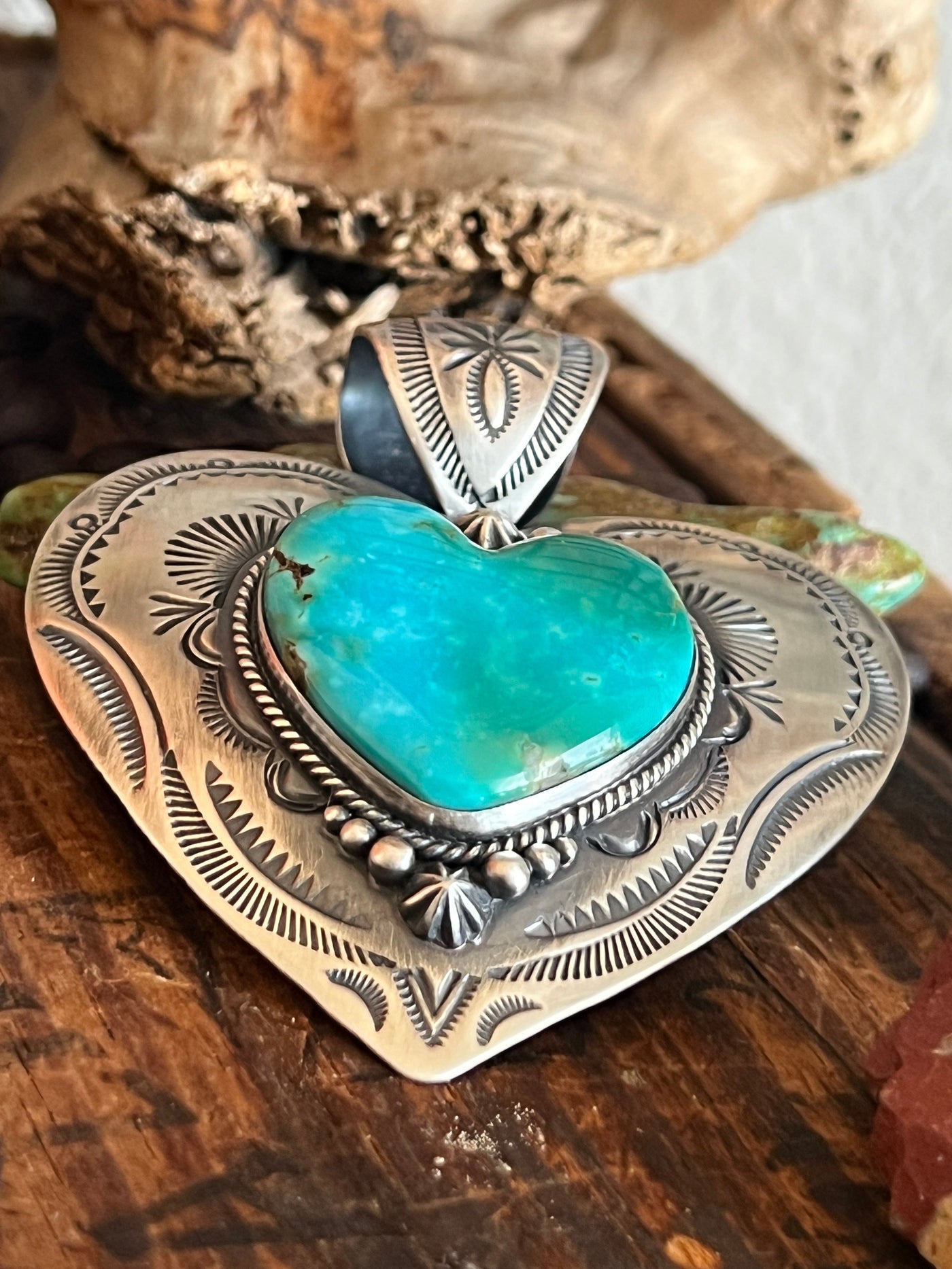 Hand Stamped Sterling Silver & Sonoran Mountain Turquoise Heart Pendant by Bernyse Chavez