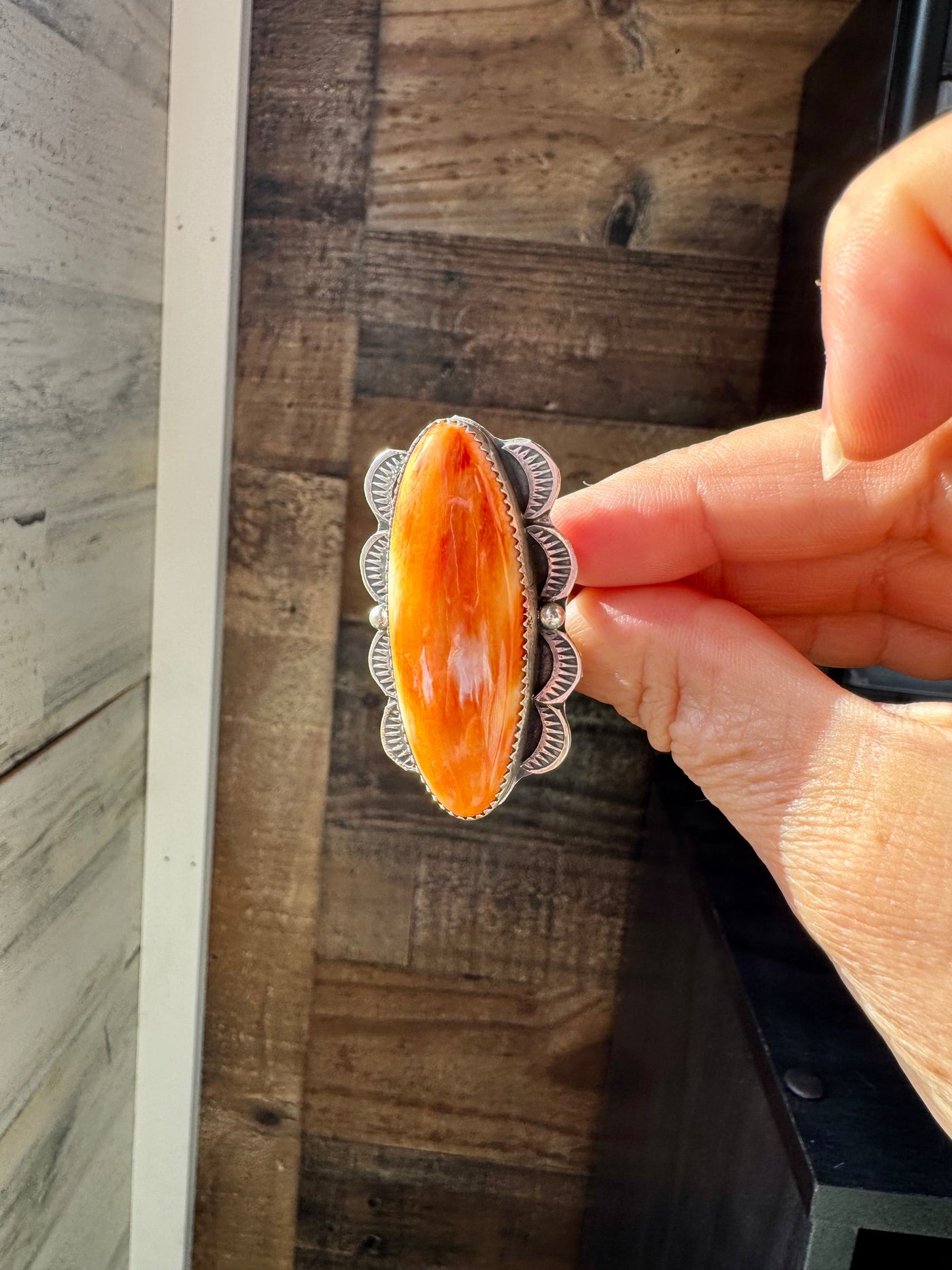 Tia Long Spiny Oyster Ring – Navajo Made – Adjustable Sterling Silver