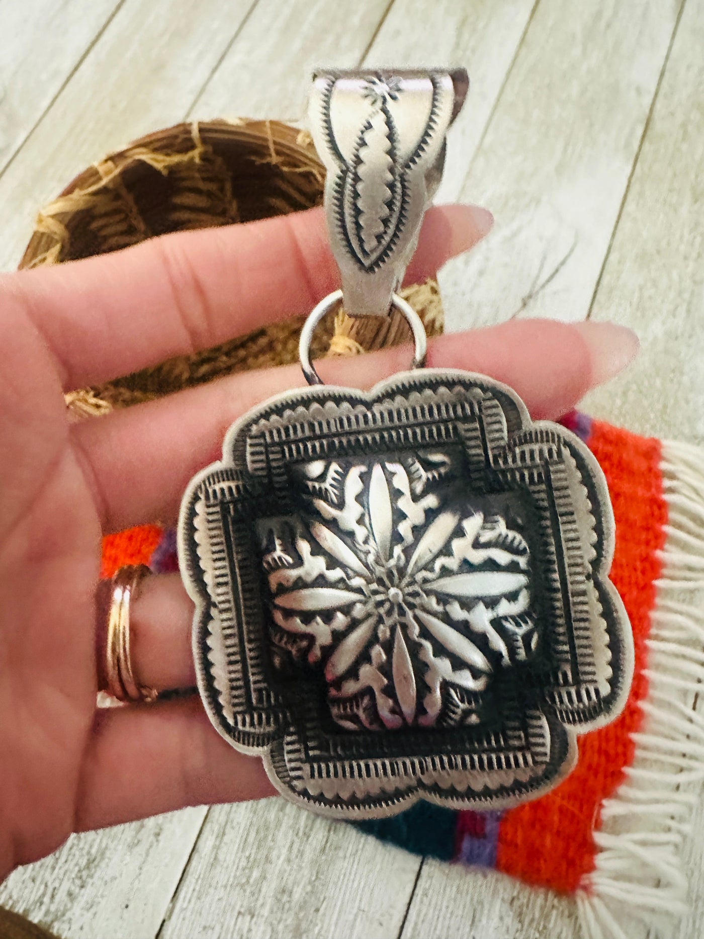 Handcrafted Sterling Silver Cross Concho Pendant by Leander Tahe