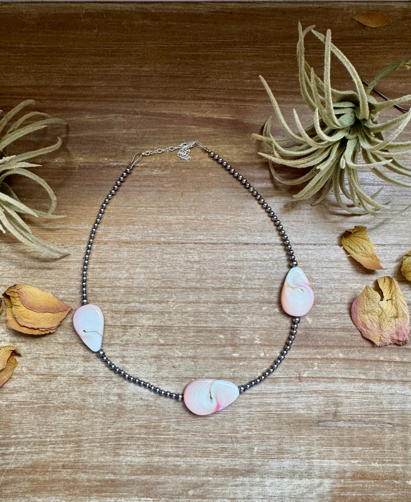 Sterling Silver Choker – 4 Flat Pink Conch Teardrops – 14.5" Approx.