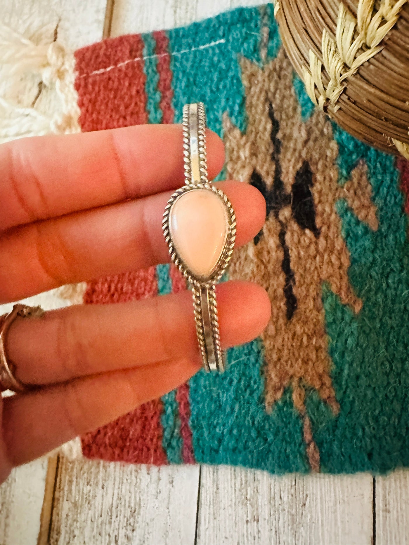 Handcrafted Queen Pink Conch Shell Tear Drop & Sterling Silver Cuff Bracelet