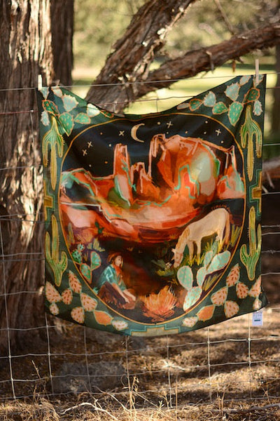 Large 100% Mulberry Silk 35x35: Desert Nights Western Wild Rag Cowgirl