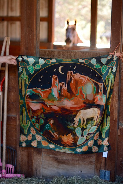 Large 100% Mulberry Silk 35x35: Desert Nights Western Wild Rag Cowgirl