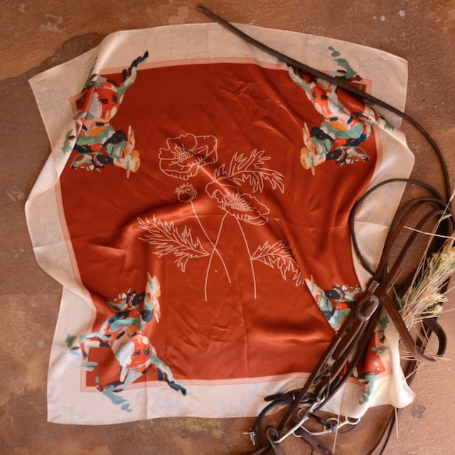 Large 100% Mulberry Silk 35x35: Poppy Cowgirl Wild Rag Western Red Scarf