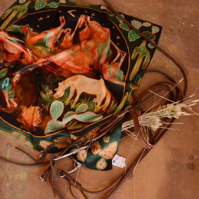 Large 100% Mulberry Silk 35x35: Desert Nights Western Wild Rag Cowgirl