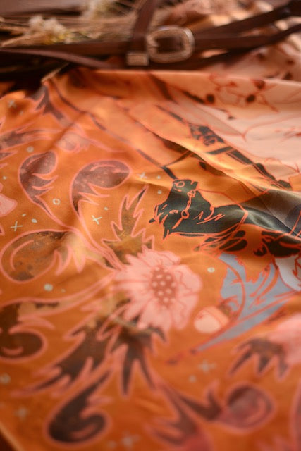 Large 100% Mulberry Silk 35x35: Round Up Floral Cattle Cowgirl Western Wild Rag