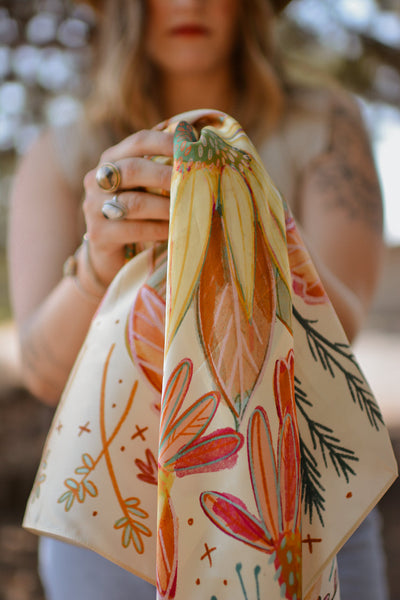 Large 100% Mulberry Silk 35x35: Lucky Wildflowers Cowgirl Western Scarf Wild Rag