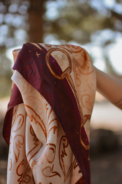 Large 100% Mulberry Silk 35x35: Show Day D Ring Snaffle Bit Wild Rag Scarf in Vintage Plum