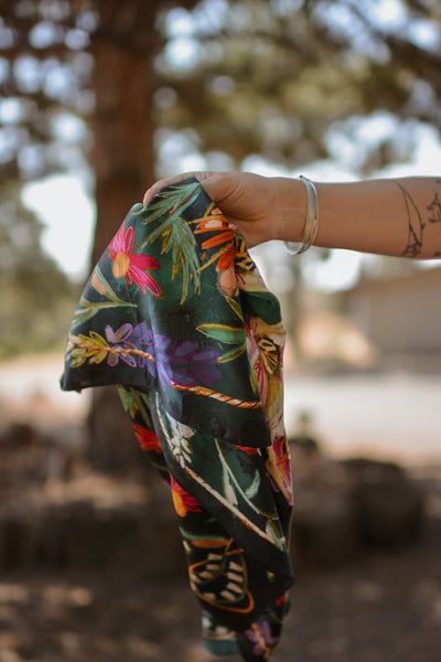 Large 100% Mulberry Silk 35x35: Vivid Wildflowers Western Cowgirl Wild Rag Scarf