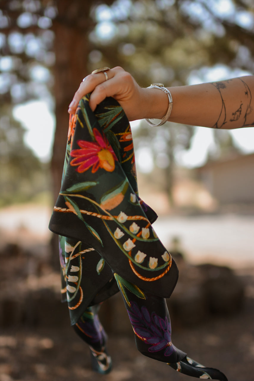 Large 100% Mulberry Silk 35x35: Vivid Wildflowers Western Cowgirl Wild Rag Scarf