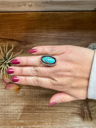 Long Ring- size 8- Kingman turquoise ring and sterling silver