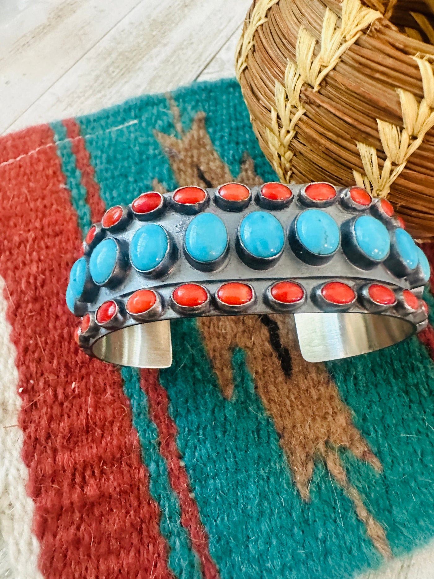 Handcrafted Turquoise, Coral & Sterling Silver Cuff Bracelet
