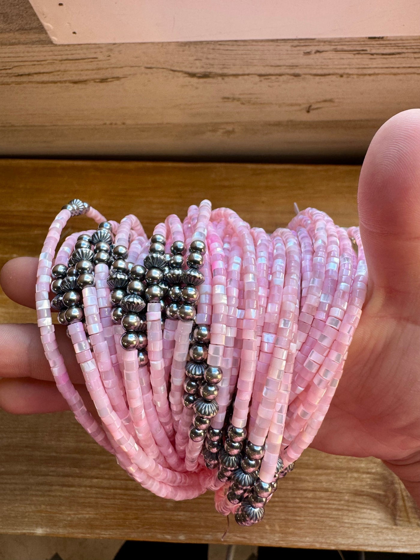 Pink shell heishi choker with Sterling Silver Pearls