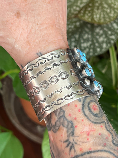Handcrafted Stamped Sterling Silver and Golden Hills Turquoise Cuff Bracelet by Jennifer Garcia for Chimney Butte /