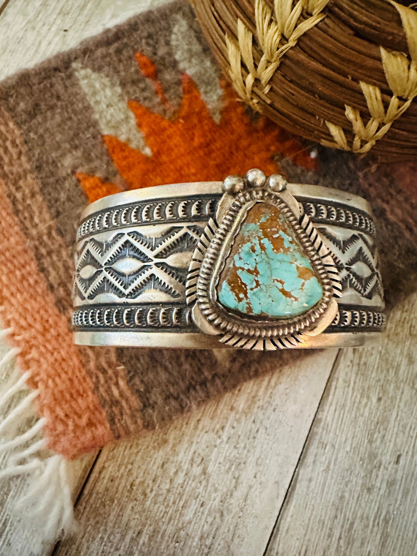 Handcrafted Turquoise & Sterling Silver Cuff Bracelet by Leonard Maloney