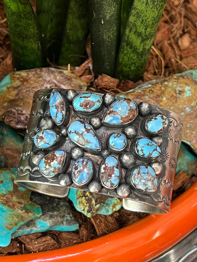 Handcrafted Stamped Sterling Silver and Golden Hills Turquoise Cuff Bracelet by Jennifer Garcia for Chimney Butte /