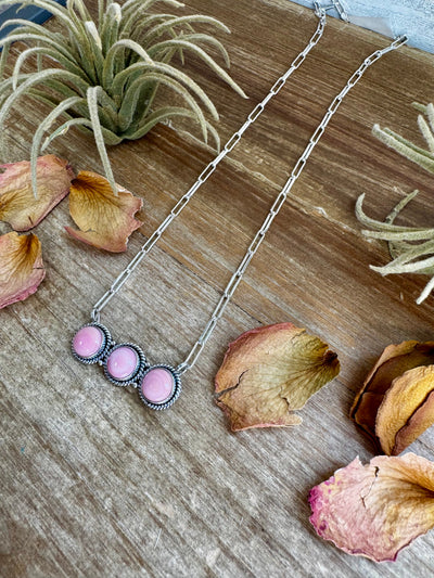 Bar Necklace – 3 Pink Conch Rounds – Sterling Silver – 19 Inch – USA Made