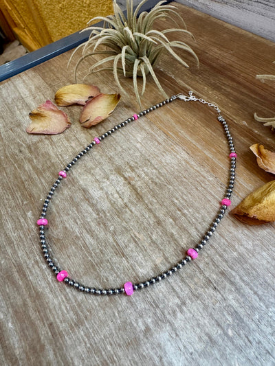 Pink Opal & Sterling Silver Pearl Necklace – 15"