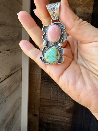 Pink Conch & Sonoran Gold Turquoise Pendant – Sterling Silver by Gilbert Nez