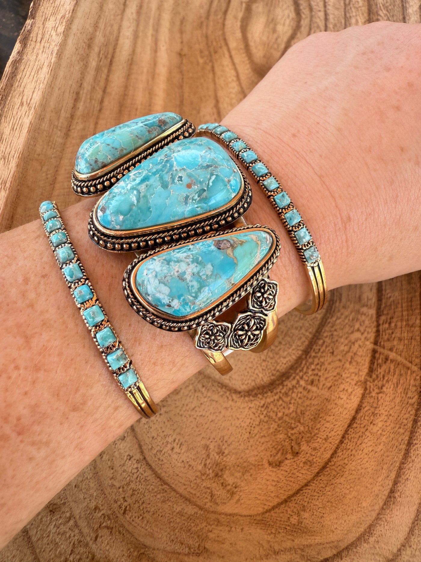 “The Golden Collection” 3 Stone Statement Cuff Handmade Natural Turquoise Gold Plated Adjustable Bracelet Cuff