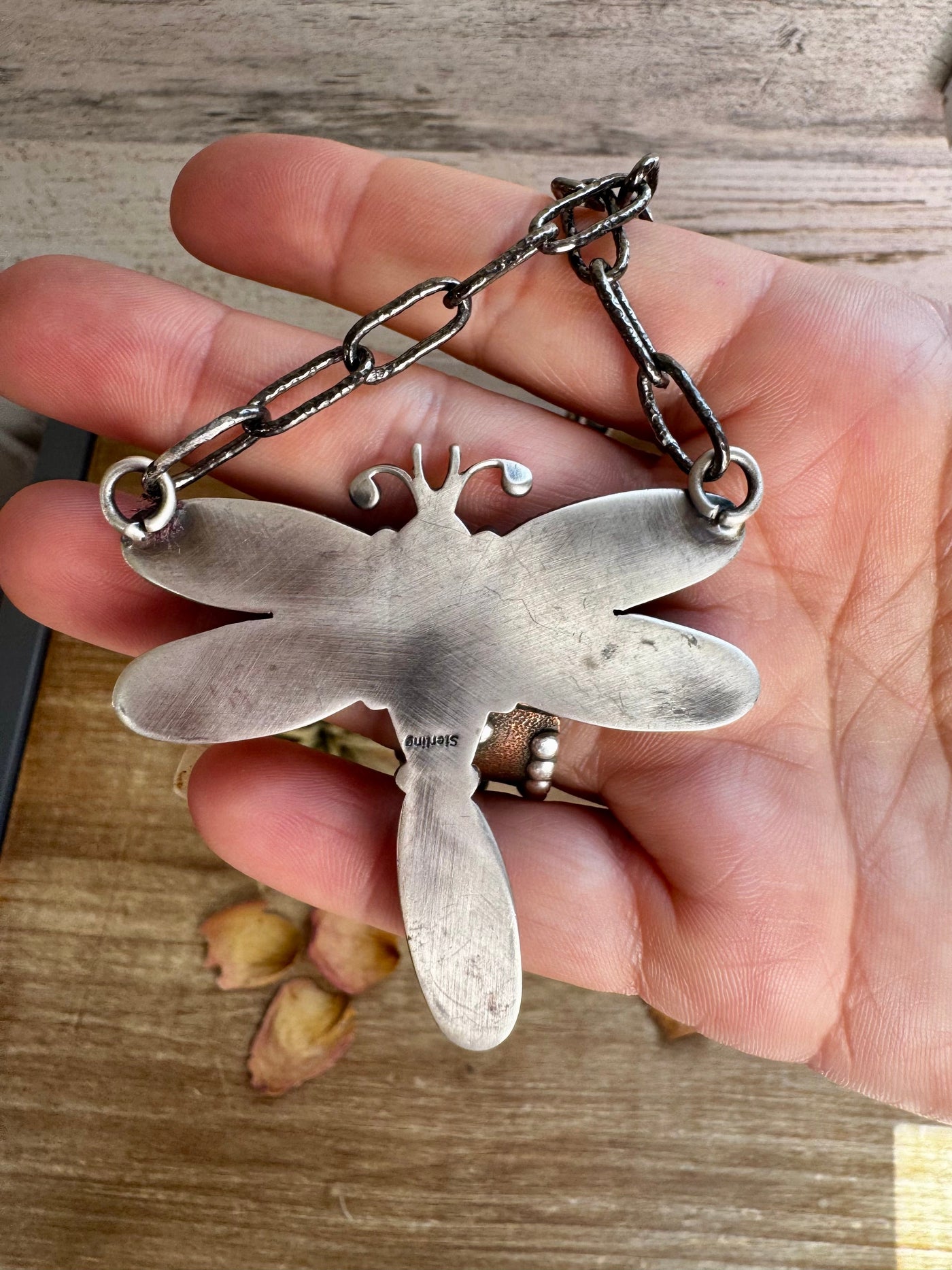 Dragonfly Pendant Necklace – Kingman Turquoise & Red Spiny Oyster – 19 Inch Sterling Silver Dragon Paperclip Chain