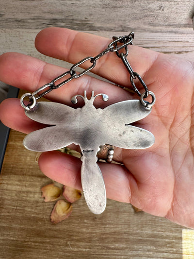 Dragonfly Pendant Necklace – Kingman Turquoise & Red Spiny Oyster – 19 Inch Sterling Silver Dragon Paperclip Chain