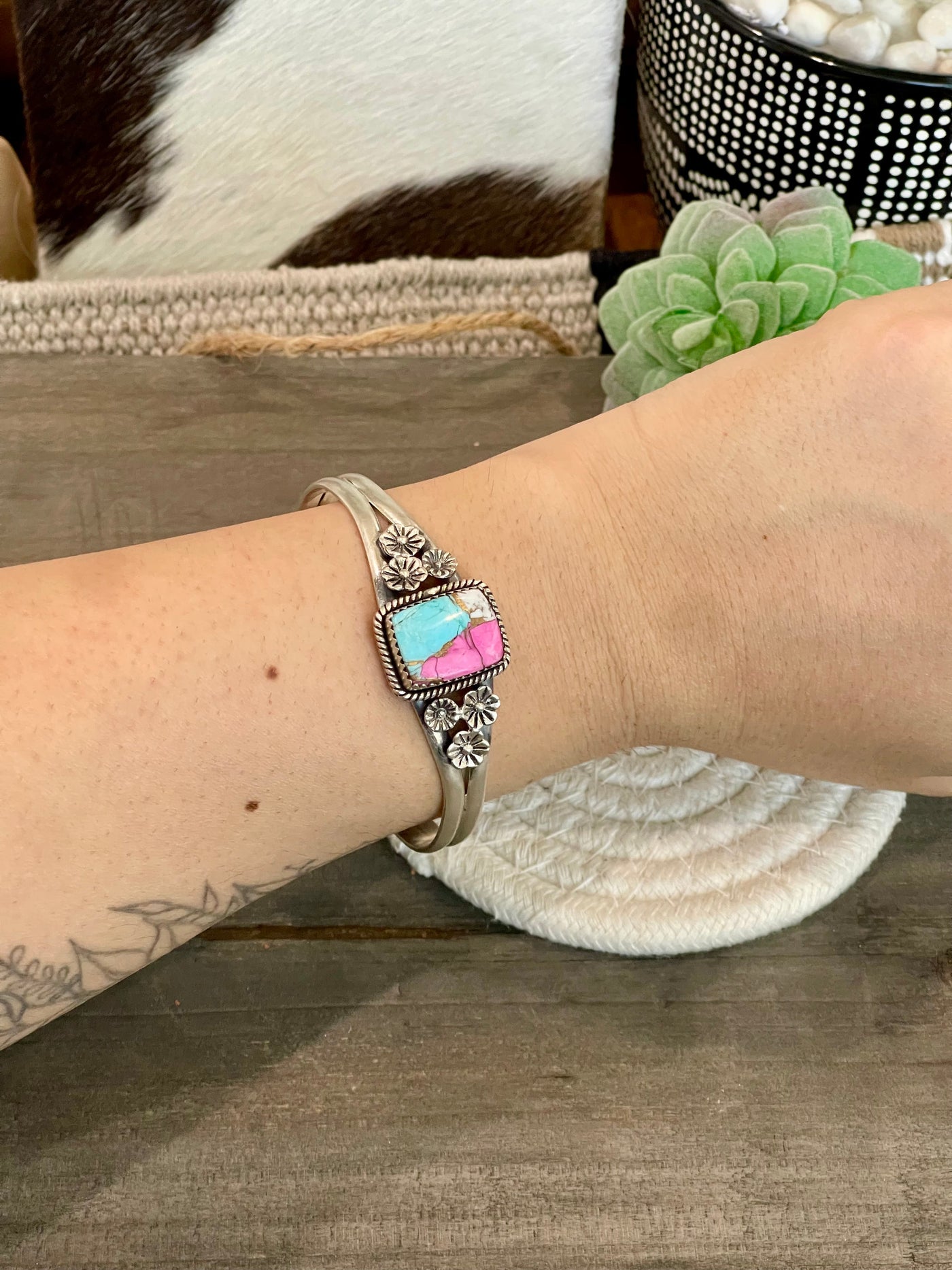 Handmade Cotton Candy & Sterling Silver Cuff Bracelet