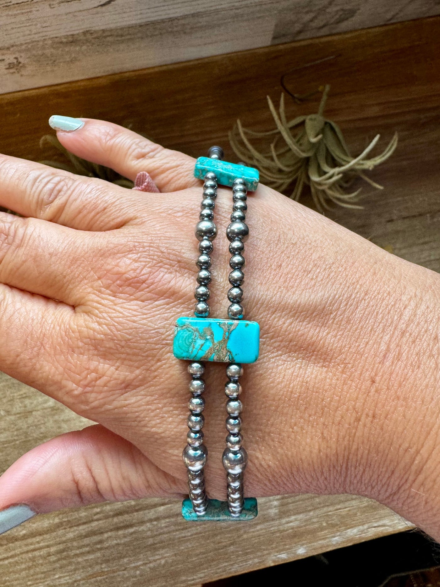Pink Double Strand Necklace – 13” Beaded – Sterling Silver Pearls & Rectangle Variscite Turquoise