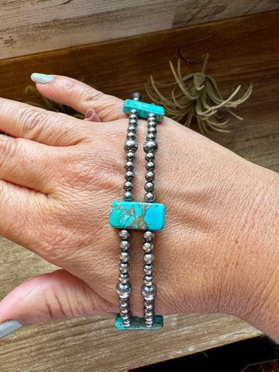 Pink Double Strand Necklace – 13” Beaded – Sterling Silver Pearls & Rectangle Variscite Turquoise