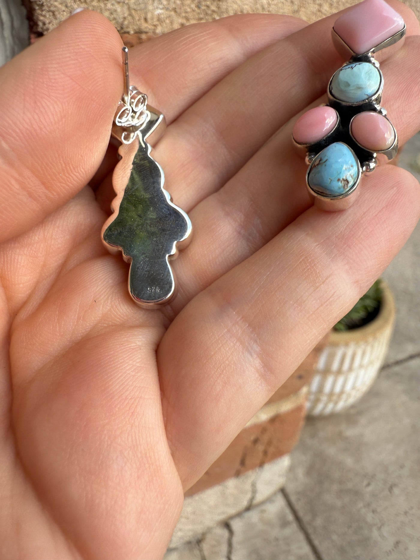 Handmade Natural Golden Hills Turquoise, Pink Conch and Sterling Silver Earring style 3