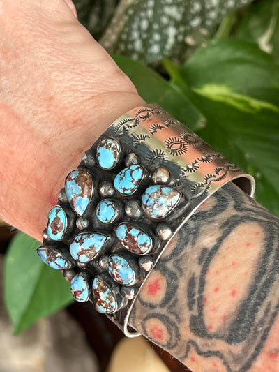 Handcrafted Stamped Sterling Silver and Golden Hills Turquoise Cuff Bracelet by Jennifer Garcia for Chimney Butte /