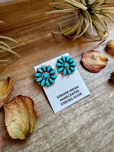 Native Made Cluster Earrings – Bright Light Blue Turquoise, 1 Inch, Post Style, Stamped JW