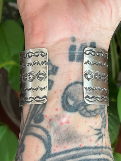 Handcrafted Stamped Sterling Silver and Golden Hills Turquoise Cuff Bracelet by Jennifer Garcia for Chimney Butte /