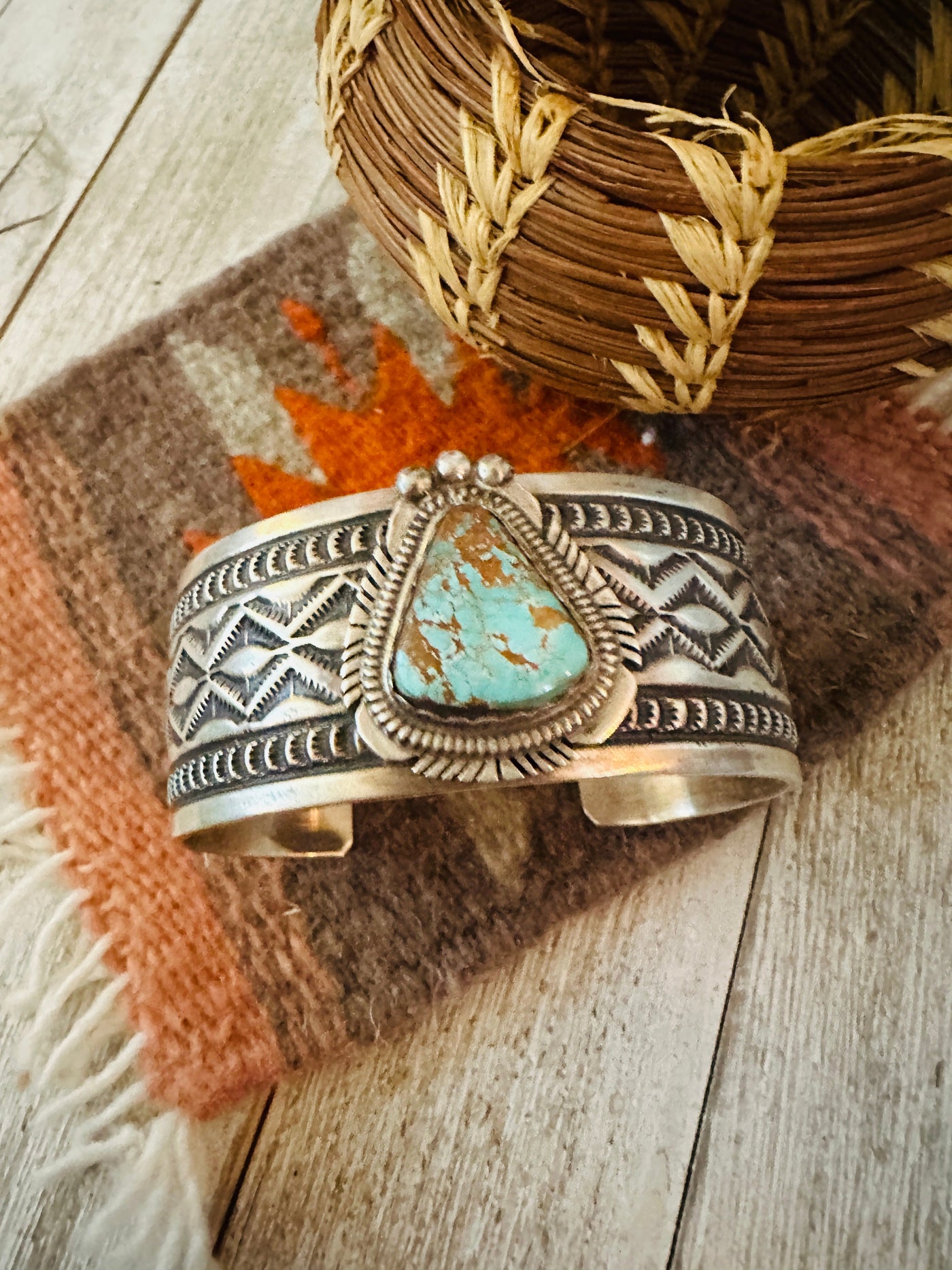 Handcrafted Turquoise & Sterling Silver Cuff Bracelet by Leonard Maloney