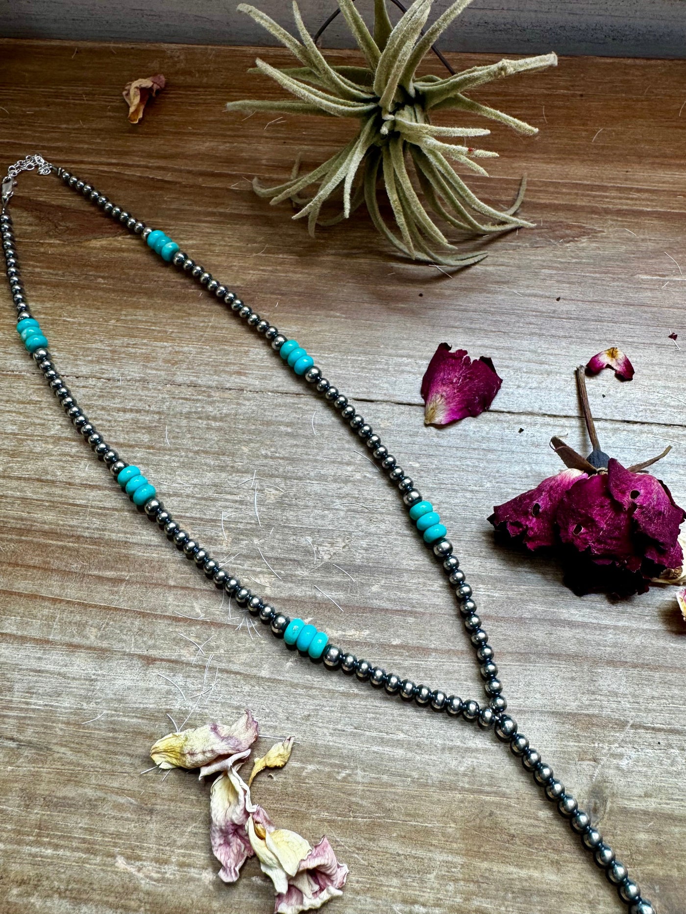 Lariat sterling silver pearls and turquoise