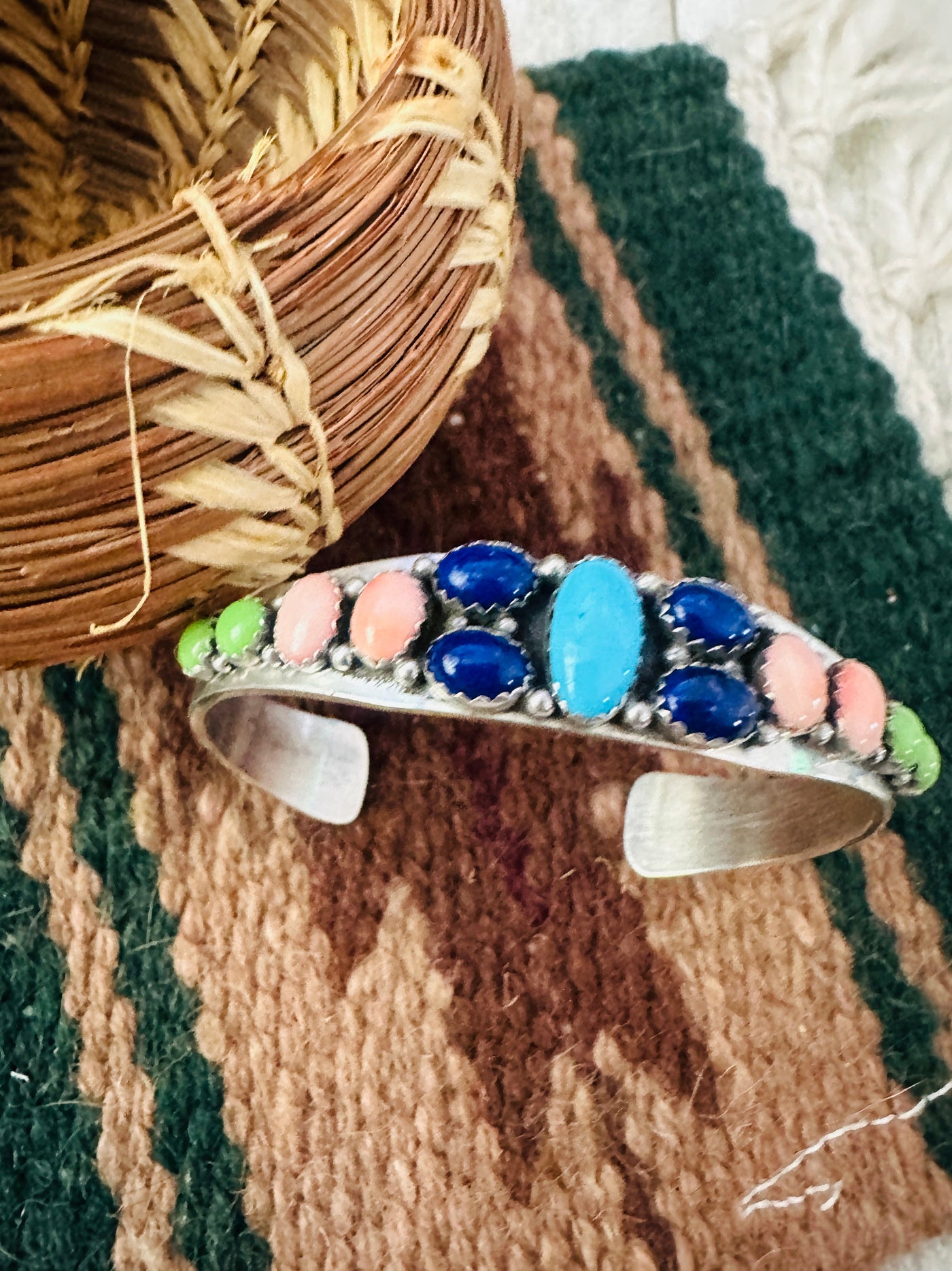 Handcrafted Old Pawn Multi Stone & Sterling Silver Cuff Bracelet by Daniel Mike