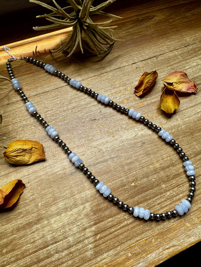 Blue Lace Agate & Sterling Silver Pearl Necklace – 20 ½” Plus Extender