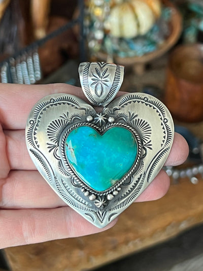 Hand Stamped Sterling Silver & Sonoran Mountain Turquoise Heart Pendant by Bernyse Chavez