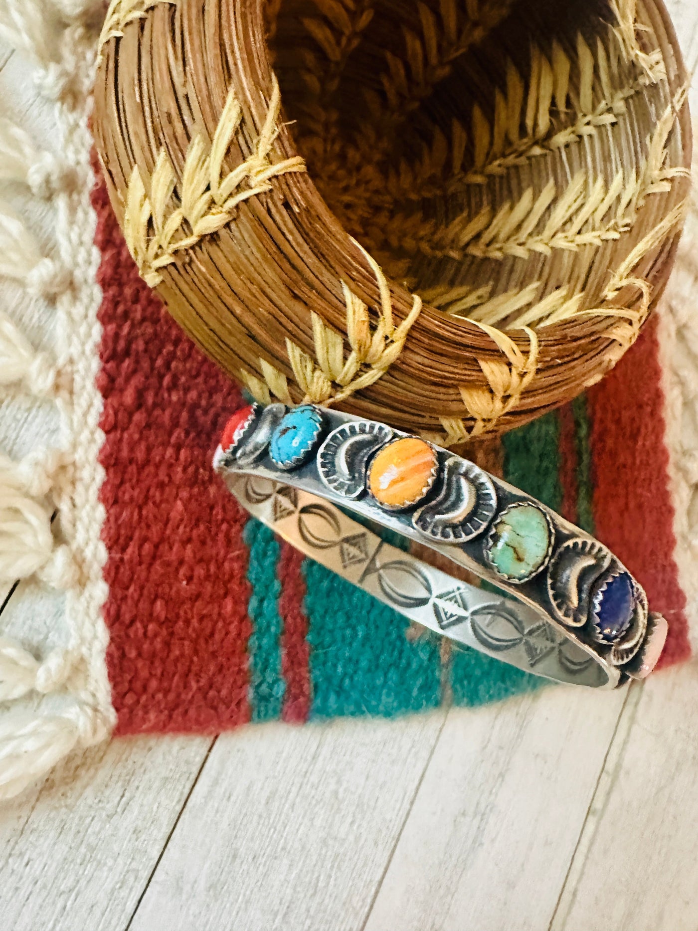 Navajo Multi Stone & Sterling Silver Bangle Bracelet Signed Leroy James