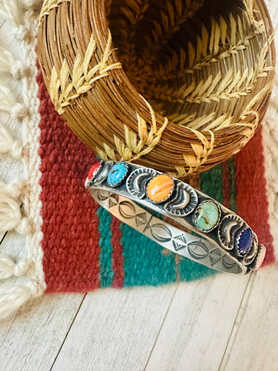 Navajo Multi Stone & Sterling Silver Bangle Bracelet Signed Leroy James
