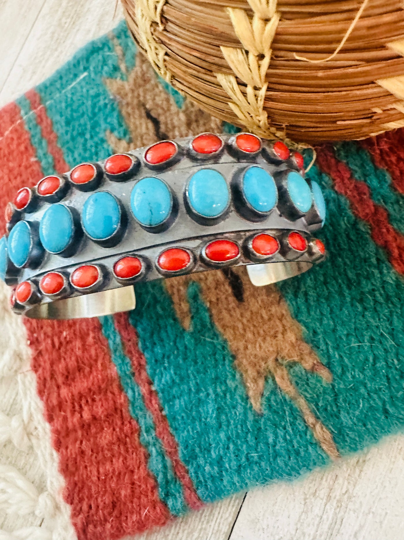 Handcrafted Turquoise, Coral & Sterling Silver Cuff Bracelet