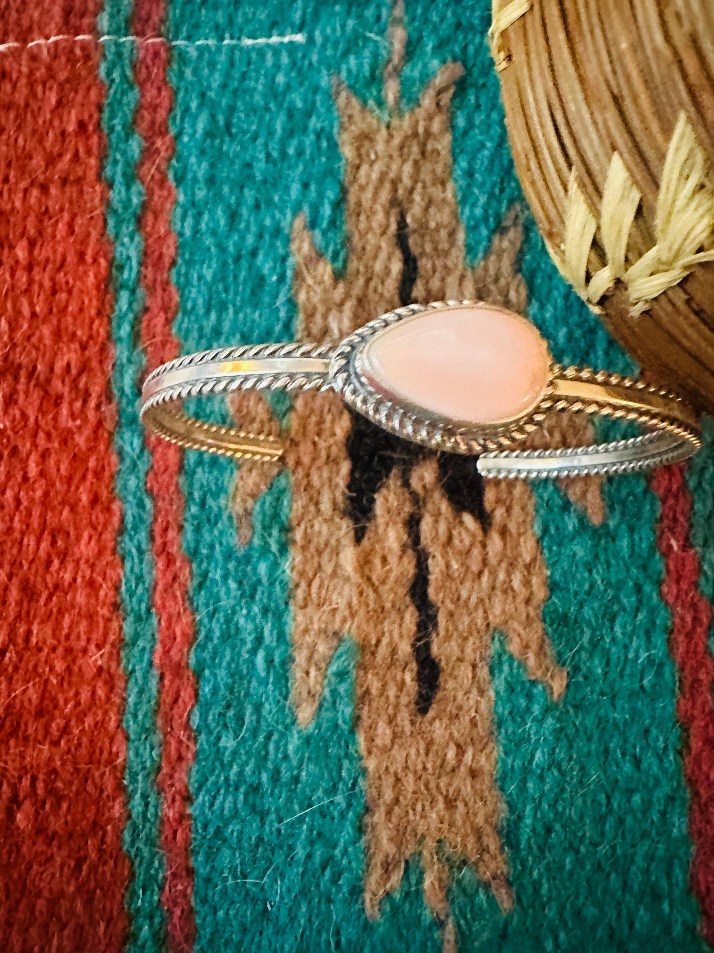 Handcrafted Queen Pink Conch Shell Tear Drop & Sterling Silver Cuff Bracelet