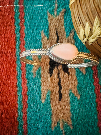 Handcrafted Queen Pink Conch Shell Tear Drop & Sterling Silver Cuff Bracelet