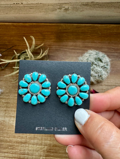 Cluster earrings stud - sterling silver and turquoise