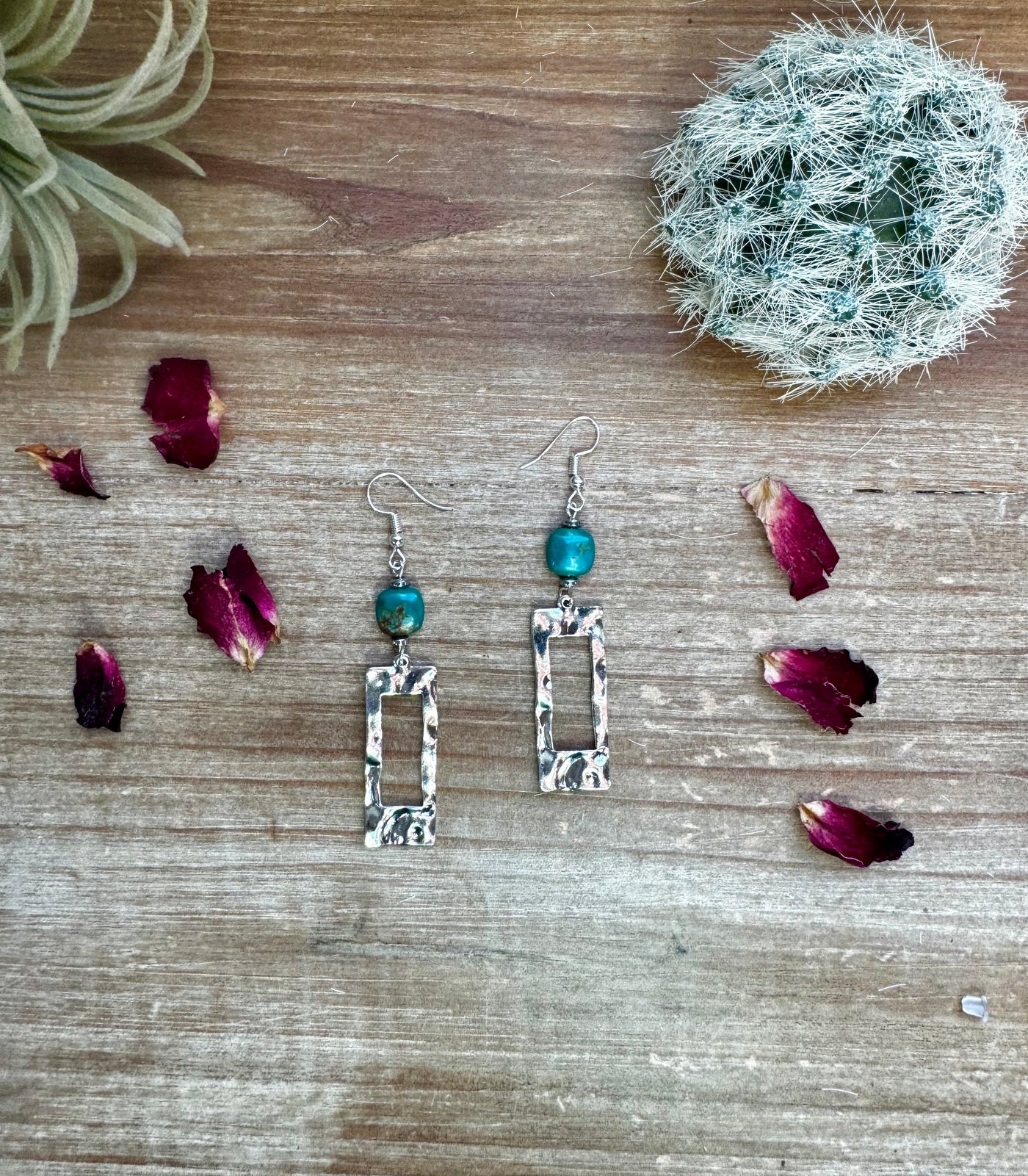 Green turquoise dangle earrings rectangle