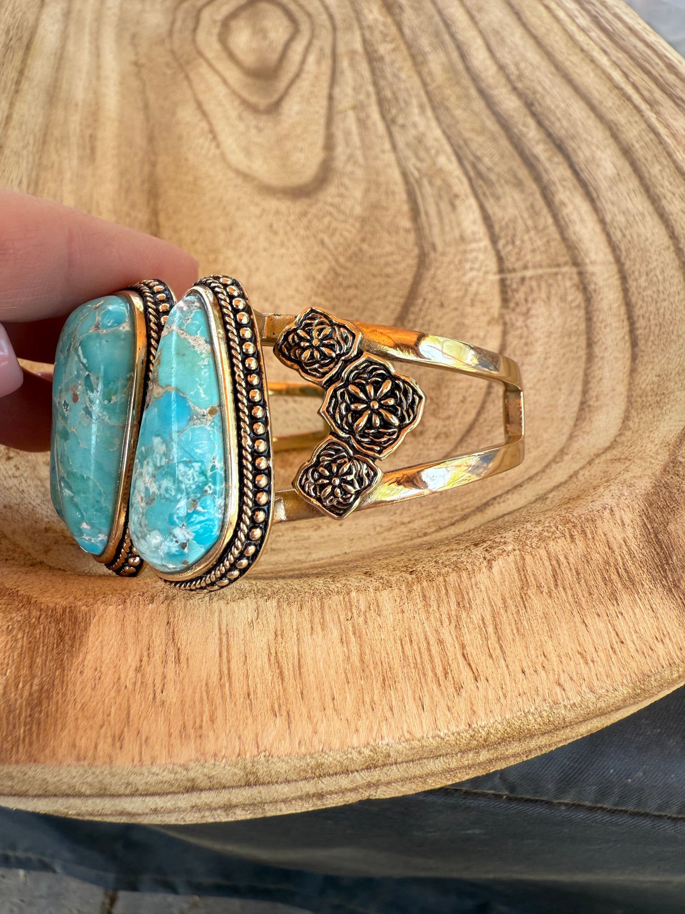 “The Golden Collection” 3 Stone Statement Cuff Handmade Natural Turquoise Gold Plated Adjustable Bracelet Cuff