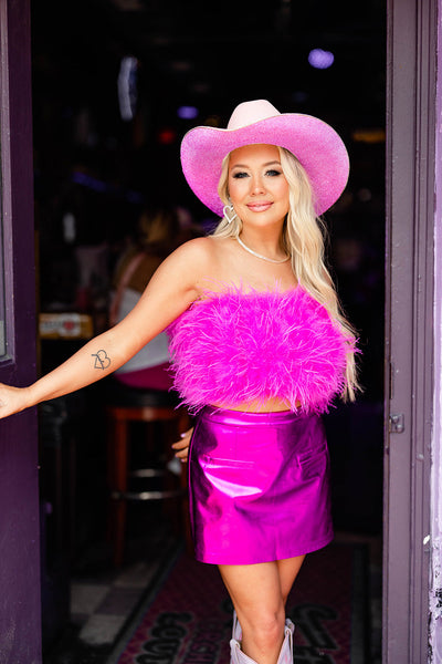 Fancy Strapless Feather Crop Top - Magenta