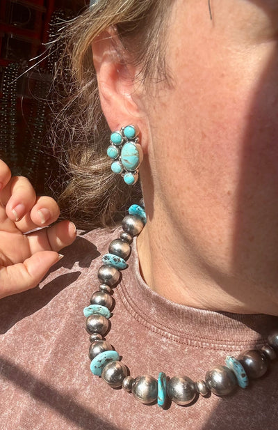 Kingman Turquoise Half Cluster Earrings – Sterling Silver, Zia Stamp, USA Made