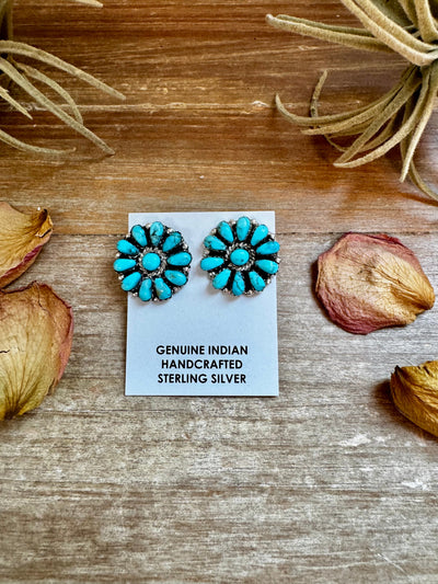 Native Made Cluster Earrings – Bright Light Blue Turquoise, 1 Inch, Post Style, Stamped JW